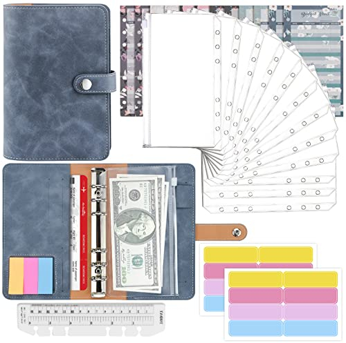 Mlife Ringbuch,Budget Planner - 26pcs Leder Notizbuch Ordner mit Klar Plastik Binderumschlägen,Budgetblätter,Etikettenaufklebern,Geld Aufbewahrung ​Sparbuch für Reisen und Tagebuch (Blau)