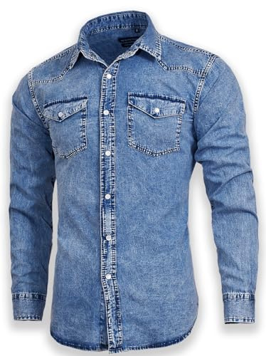 SEVEN EAGLE Chemise en Denim à Manches Longues et Double Poche pour Hommes(M,Indigo Snow)