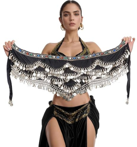 Nimiman Belly Dance Hip Scarves for Women Dancing 328 Coin Belts (Black Silver)