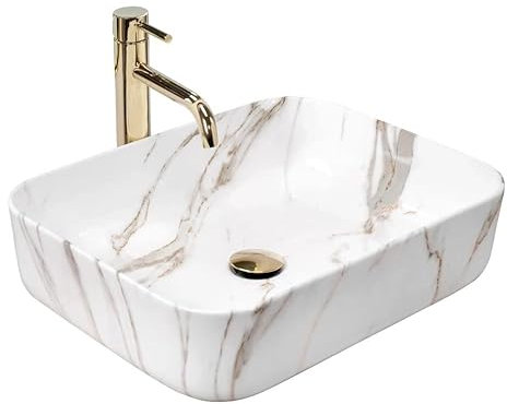 Rea Aufsatzwaschbecken Demi Aiax Shiny Waschtisch Handwaschbecken Waschschale Waschbecken für Badezimmer aus hochwertiger Keramik 550 x 395 x 130 mm (Weiß, Marmorimitat)