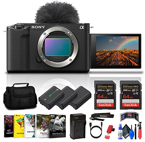 Sony Alpha ZV-E1 Full-frame Vlog Mirrorless Lens Camera (Black) (ILCZVE1/B) + Case + 2 x 64GB Card + 2 x NP-FZ100 Compatible Battery + Corel Photo Software + Card Reader + Flex Tripod + More (Renewed)