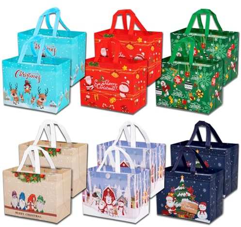 WENGX 12 Pack Christmas Tote Bags with Handle, Reusable Gift Present & Grocery Shopping Wrapping Bags for Xmas Holiday Event Party