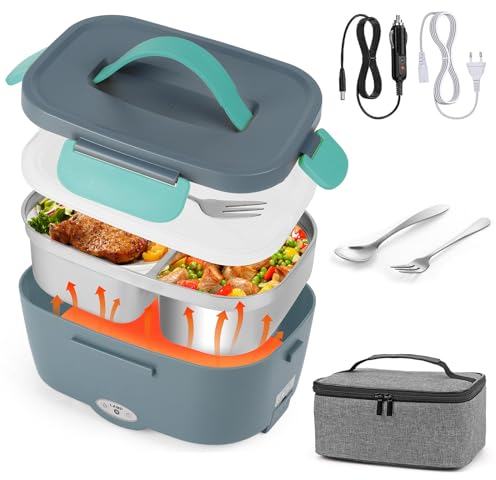 Elektrische Lunchbox Speisenwärmer Auto 3 In 1(12V/24V/220V) 1,5L mit Gabel Löffel 80W Abnehmbare Edelstahl Heizungs Lunchbox Elektrisch Brotdose Tragbarer Warmhaltebehälter für LKW Haushalt Camping