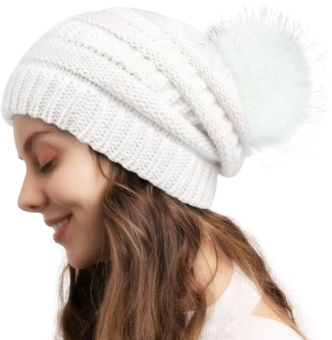Gorro de Invierno con pompón para Mujer Gorras de Punto Gorro de esquí Grueso y Holgado Calentar Sombreros Invierno Beanie Casual Chunky Soft Oversized Gorro para Regalos (Blanco)