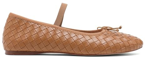 Riekhany Woven Ballet Flats for Women Almond Toe Mary Jane Flats Stretch Band Bow Ballerina Shoes Tan