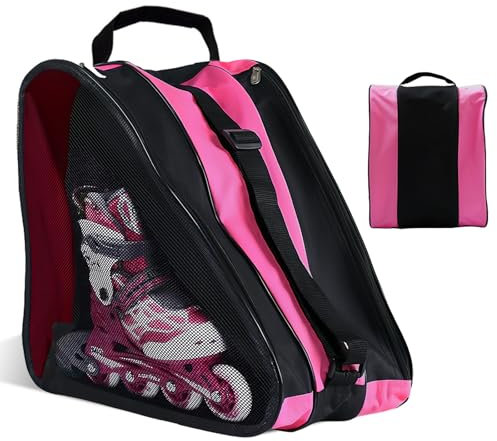 Rollschuhtasche, Ice Skate Eishockey Bag mit Verstellbar Trageriemen, Drei-Fächer-Design Inliner Tasche mit Atmungsaktivem Netz, Rollschuh Tasche für Eisbahnen, Trainingsgelände, Skigebiet (Rosa)