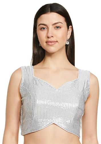 Vihu Fashion Multicolored Women's Blouse with Sweetheart Neckline, Georgette, Soft Sequence, Zari, Working Sleeves, Ready-Made Sari Blouse, silver, 32