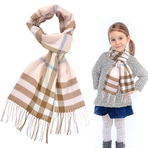SwirlColor Schal Mädchen, Weiche Kunstkaschmir Plaid Schals Wraps Schal Winter Langer Schal für Mädchen Kinder Nackenwärmer-Rosa Khaki