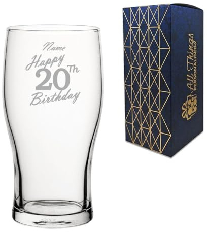 Personligt graverat pintglas, grattis på 20-årsdagen handskriven design, klassiskt tulpanglas, 570 ml eller 570 ml kapacitet, anpassa med vilket namn som helst, presentförpackad