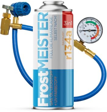 FrostMEISTER 3 en 1 – Kit completo de recarga para aire acondicionado de coche (400 ml + manguera manómetro). Incluye repuesto de gas, aceite de compresor y sellador para una actualización rápida y