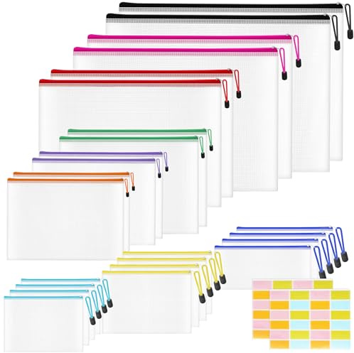 Plastic Zip Wallets A4 Folders - 24PCS Zip Lock Bags Waterproof Document File Folders Multi-Size Storage Bags Mesh Zipper Pouches for School, Office, Home and Travel (A3 B4 A4 B5 A5 B6 A6 Bill B8)