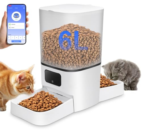Gugxiom 6L Automatic Cat Feeder for 2 Cats, Cat Food Dispenser, Large Capacity Double Bowls Detachable, Smart APP Control Pet Food Dispenser