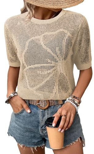 Dokotoo Beach Vacation Clothes for Women Summer Cruise Outfits Spring Short Sleeve Sweaters Womens Sexy Crochet Hollow Out Resort Wear Tops 2026 Lightweight Solid Floral Coverups Apricot X-Large