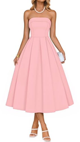 ZESICA Women's Summer Strapless Cocktail Dresses 2026 Elegant Off Shoulder Flowy A Line Wedding Guest Party Midi Dress Pink Medium