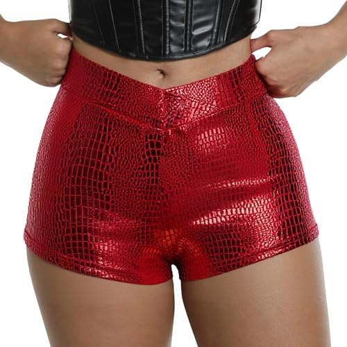 Ausing Femme Pantalon en Cuir PU Skinny Shorts Simili Cuir Taille Basse pour Femme Legging Mini Métallisé Rouge Hot Pants de Carnaval Brillant Hotpants Sexy de Soirée Short Court Printemps M
