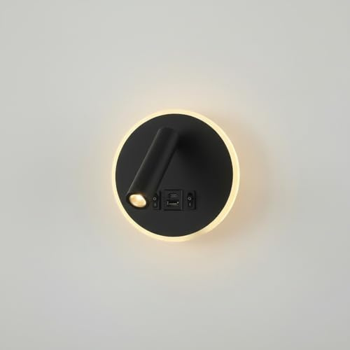maolo Applique LED da Parete con Spot Orientabile 360° + Luce Circolare | Doppio Interruttore, USB + Type-C 5V/2A | Lampada da Comodino per Camera da Letto e Hotel | 11W 4000K – Bianco/Nero (Nero)