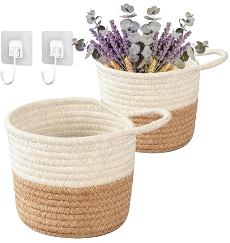 Cesta colgante, 2 cestas de pared, trenzas de cuerda de algodón con ganchos, 15 x 15 cm, cestas de almacenamiento, cestas colgantes para cocina, baño, dormitorio, salón (blanco y marrón)