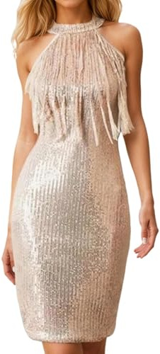 Vestido con Flecos Mujer Corto Lentejuelas Curvy Sexy Elegante Fiesta Vestido Mujer Brillante Ajustado sin Mangas Ceremonia Cóctel Club Dress (Beige, XL)