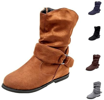MASHANGGOU Slouchy - Stivali alla caviglia da donna, senza tacco, con cerniera laterale, con tacco basso, alla caviglia, per attività all'aria aperta, scarpe corte, marrone, 36/46 EU