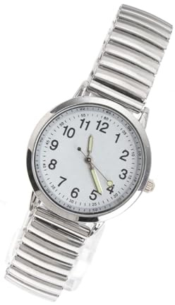 GATHINESS Montre à Quartz Classique Étanche Grand Cadran Blanc pour Seniors Femme Homme, Bracelet Élastique Argenté, Chiffres Lumineux, Montre-Bracelet Résistante, Présent Plusieurs Styles
