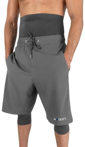Modesty Långa Badshorts Herr med Kompressionstights Snabbtorkande UV Skydd Islamiska Awrah, Grå, L