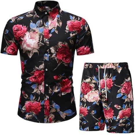 Hawaiian kostym herr sommarset för män, shorts, blommigt tryck Hawaiiskjorta och strandkläder, julkostym för fester, Flerfärgad 7, 3XL