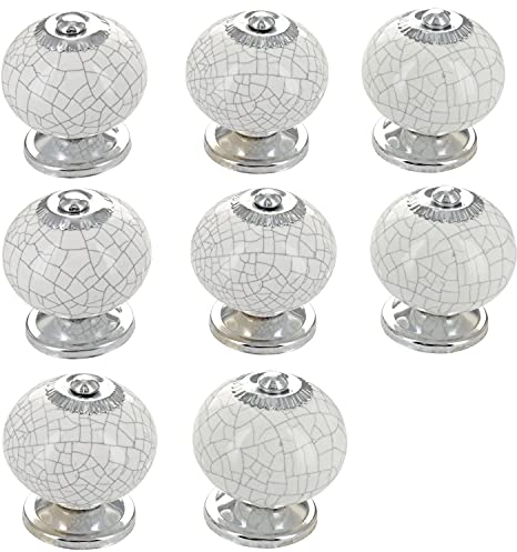 G Decor White Crackle Handmade Design Round Ceramic Door Knobs, Vintage, Shabby Chic, Interior Furniture, Cabinet Wardrobe Cupboard Drawers Pulls Handles (8-Pack)