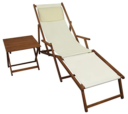 Gartenliege Liegestuhl weiß Fußablage Tisch Kissen Deckchair Holz Sonnenliege Buche 10-303FTKH