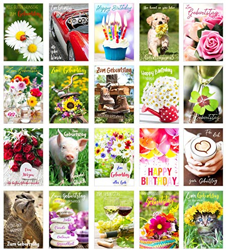 Edition Seidel Set 20 Geburtstagskarten Glückwunschkarten zum Geburtstag mit Umschlag. Grusskarte Geburtstagskarte Happy Birthday Mann Frau Karten Spruch Sprüche Billet