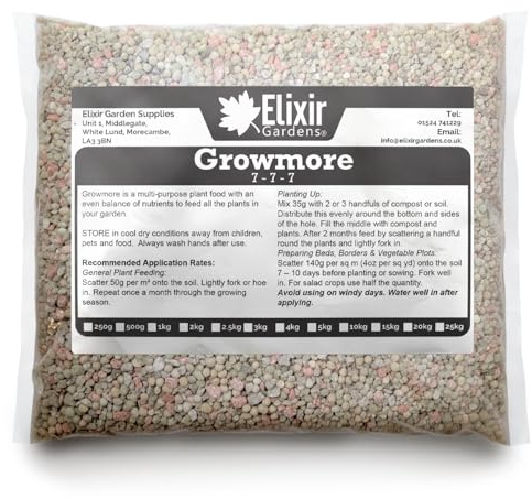Elixir Gardens Growmore 7-7-7 Fertiliser 500g Bag | Special Blend All-Round General-Purpose Fertiliser 500g Treats 10 sq.m
