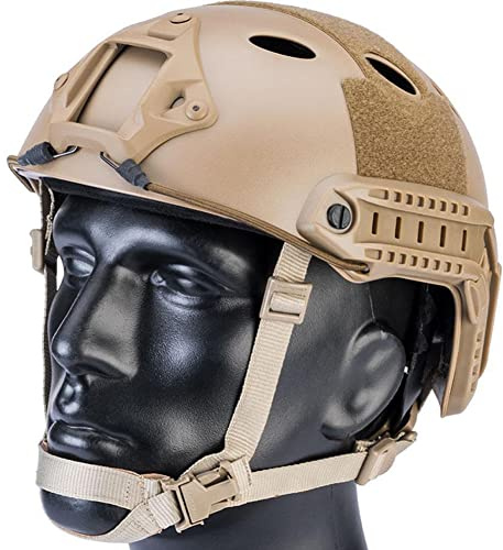 AQzxdc Casque Tactique Rapide Type-PJ, avec réglage du Cou et Coussin EPP, linceul d'alliage NVG et bandoulière en Cuir, pour la Chasse au Paintball BBS,Beige