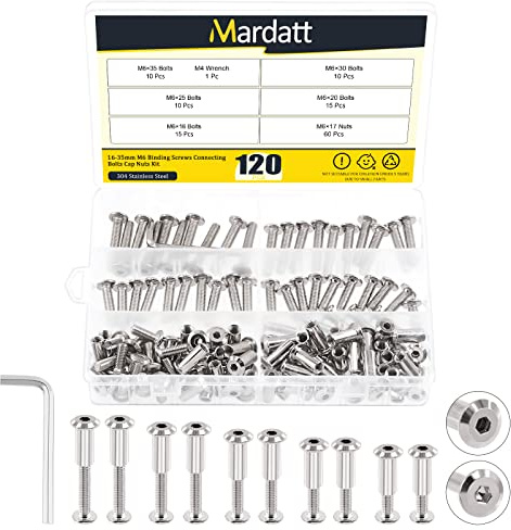 Mardatt 121 Pcs 5 Size M6x16mm-35mm Silver Nickel Plated Hex Drive Socket Cap Bolts Assortment Kit with Hex Key Countersunk Screw Barrel Nuts Binding Screws for Crib Belt Buckle Cabinet Furniture