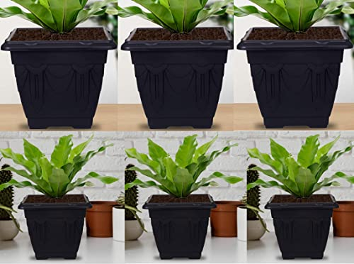 HOMION 30cm Square Flower Pots Venetian Plastic Garden planter pot container (Black) Pack Of 6 Pots