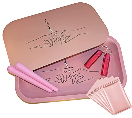 Large Pink Metal Rolling Tray with Magnetic Lid and Smoking Accessories - Keep Your Smoking Kit Safe and Hidden - Smell Proof Rolling Tray (Large Rolling Tray with Lid & Accessories)