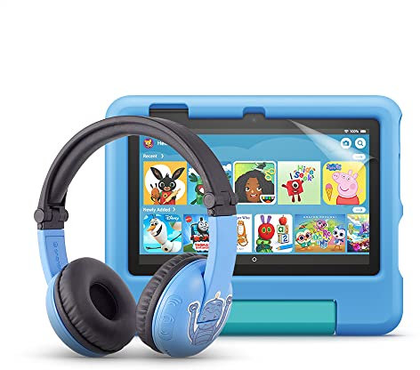 Fire 7 Kids tablet (16 GB, Blue) + BuddyPhones (Blue) + NuPro transparent screen protector (2-pack)