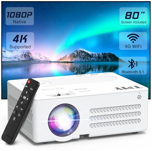 TMY Projector with WiFi and Bluetooth【80 screen included】Native 1080P Outdoor Projector, 4K Supported Portable Projector, Compatible with iOS/Android/PC/TV Stick/HDMI/USB, Indoor Outdoor Use