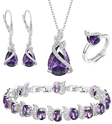 Clearine Hochzeit Schmuck-Set für die Braut, Teardrop Lila Zirkonia Halskette Leverback Ohrringe Tennis Armband und einstellbare Ring Set Geschenk für Muttertag / Jubiläum / Geburtstag