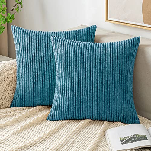 EMEMA Kissenbezug 40x40 cm Kordsamt Kissenbezüge Dekokissen Sofakissen Cord Kissenhülle Zierkissenbezug Kord Dekorative Weiche für Sofa Wohnzimmer Schlafzimmer 2er Set Seeblau
