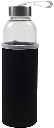 kitchenfun Glastrinkflasche Schraubflasche Trinkflasche mit Neopren-Schutzhülle, Glas/Edelstahl, 100% auslaufsicher, Volumen ca.0,5 l - schwarz