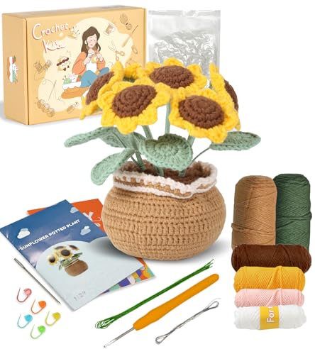 Ktmeor Häkel für Anfänger, Häkel-Set für Absolute Neulinge (Erwachsene & Kinder) mit Schritt-für-Schritt-Videoanleitungen, Häkelstarter-Set mit 40% extra Übungsgarn-Sonnenblumen