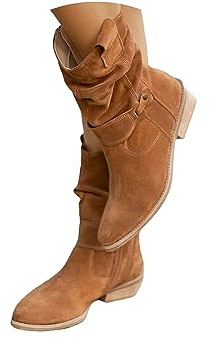 tinbarry Stivaletti Donna in Pelle Scamosciata con Zip Pieghe Stivali Invernali Bassi Retrò Eleganti con Zip Tinta Unita Scarpe