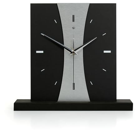 Kreative Feder Designer-Standuhr „Stripe“ aus Holz – Schwarze Tischuhr in modernem Metallic-Look ohne Ticken (Silver Stripe, leises Funkuhrwerk)