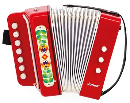 Janod - Gioia klassisk dragspel – musikinstrument för barn – imitation och musikalisk stimulans, med spännrem – från 3 år, J07654