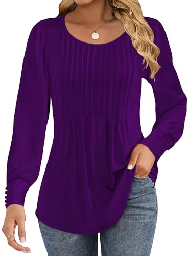 Cuptacc Ladies Tops Crew Neck Smocked Long Sleeve Tops Women Oversized Puff Sleeve Tunic Top Women Loose Fit Dark Purple M UK 12