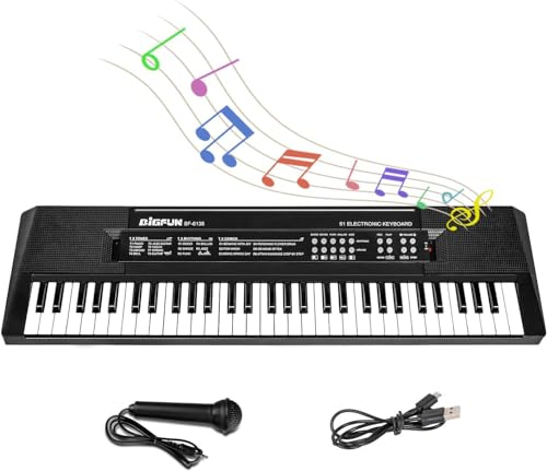 Piano Clavier 61 Touches pour Enfants, Clavier Musical avec Microphone, Piano Électronique Portable pour l'Apprentissage, Jouet Cadeau pour Débutants Garçons et Filles de 3 à 12 Ans, Haut-Parleurs Int