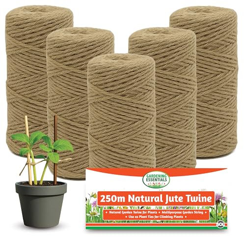 SOL 250m Natural Jute Twine Thick String, 2mm Strong Garden Twine Natural Jute String for Plant Support, Multipurpose Durable Garden Rope Plant Ties for Outdoor Plants (5x50m Rolls)