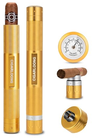 CIGARLOONG Tube à cigares, Cave à cigares 3 en 1 avec hygromètre, perforateur à cigares et Porte-cigares, étui à cigares Durable pour Voyage en Plein air, Rangement Portable (Doré)