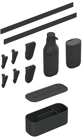 COSMIC Set Modular para Cocina ALIFE Que Contiene 2 Guías de Pared de 60 CM de Color Negro 2 Colgadores Grandes y 2 Pequeños 1 Dispensador de Jabón de 300 Ml 1 Portacepillos y 1 Caja Organizadora