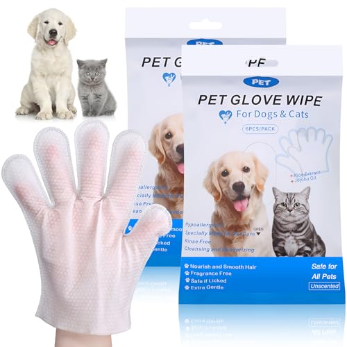 GSrenyu 12 Pack Pet Cleaning Gloves for Dogs and Cats, Thickened Wash-Free Grooming Wipes Gloves Gentle Daily Care for Fur Face Ear Eyes Paws Bum Travel