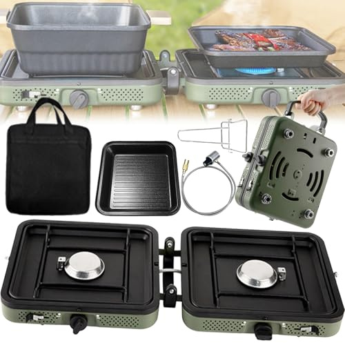 Camping Stove, 2-in-1 4400W 2-Burner Camping Gas Stove, Collapsible Portable Gas Stove, Adjustable Burner with Grill Plate & Gas Hose Handle, Carrying Bag for Camping Cooking (No Gas Tank)